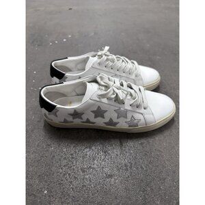 Saint Laurent White Leather Sneakers with Silver Star Accents and Black Heel Tab